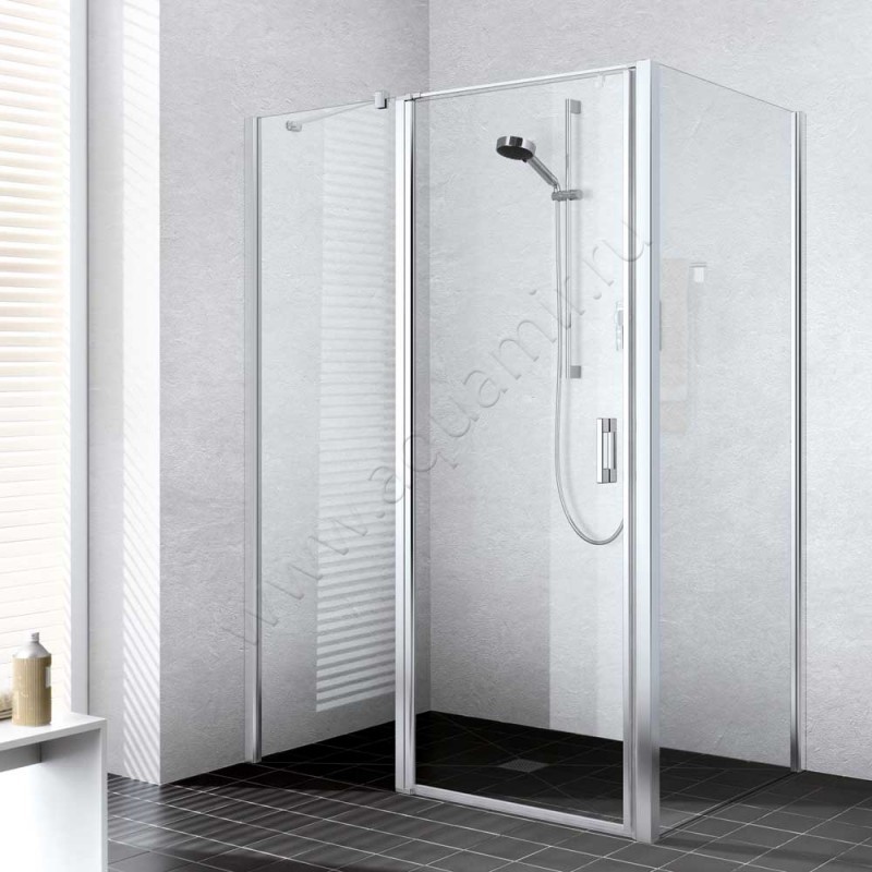 Маятниковая душевая дверь в нишу с фиксированным элементом Kermi Liga в серебристом цвете LI1GL08520VAK в интерьере