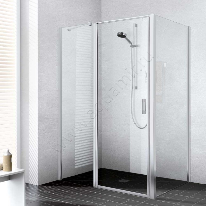 Маятниковая душевая дверь в нишу с фиксированным элементом Kermi Liga в серебристом цвете LI1GL095201PK в интерьере