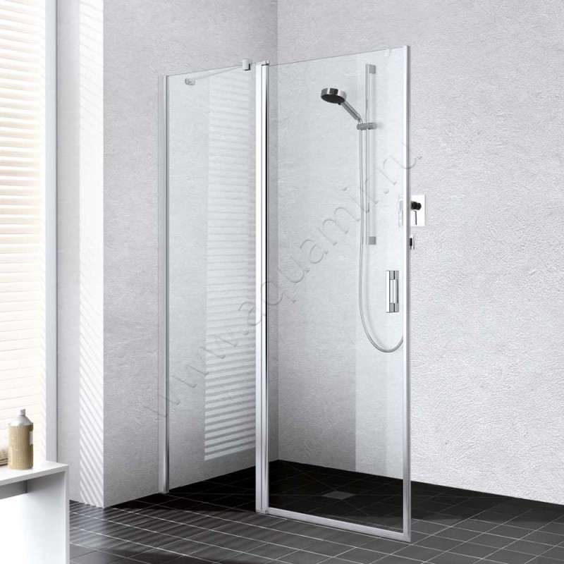 Маятниковая душевая дверь в нишу с фиксированным элементом Kermi Liga в серебристом цвете LI1GL09520VAK в интерьере