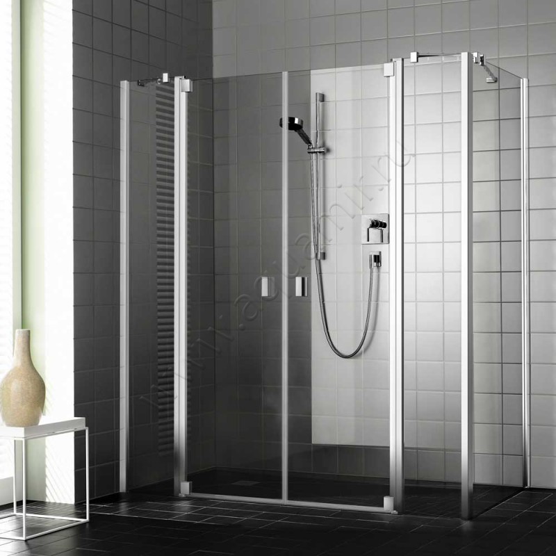 Маятниковая душевая дверь в нишу с фиксированным элементом Kermi Raya в серебристом цвете RAPTF18020VAK в интерьере