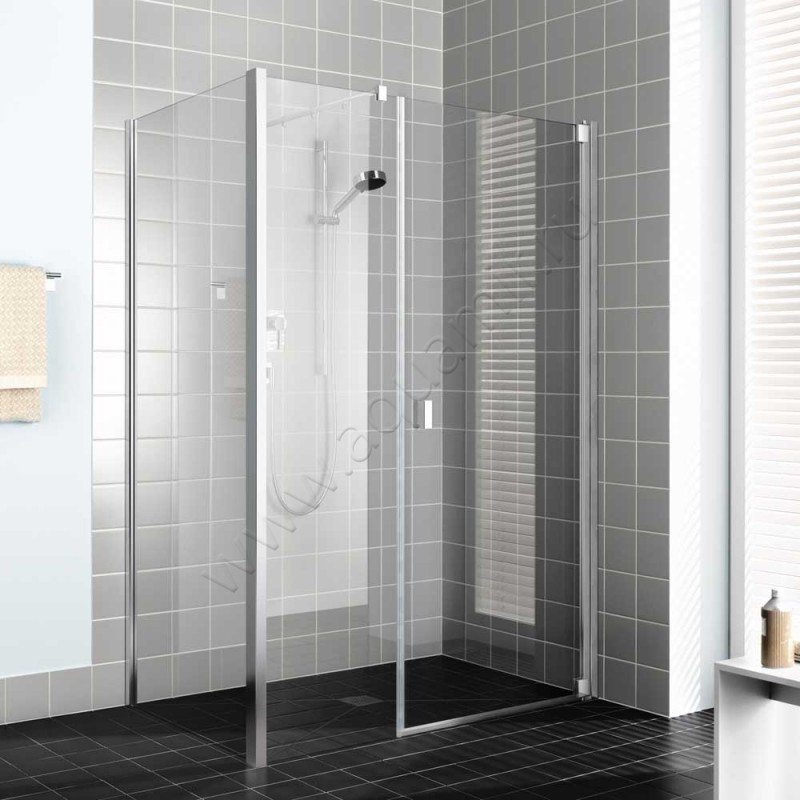 Маятниковая душевая дверь в нишу с фиксированным элементом Kermi Raya в серебристом цвете RA1OR12020VAK в интерьере