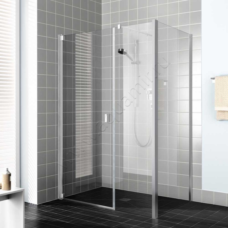 Маятниковая душевая дверь в нишу с фиксированным элементом Kermi Raya в серебристом цвете RA1OL130201PK в интерьере