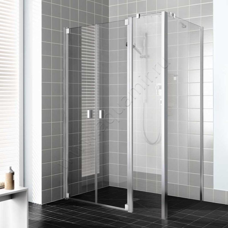 Маятниковая душевая дверь в нишу с фиксированным элементом Kermi Raya в серебристом цвете RAPFL16020VAK в интерьере