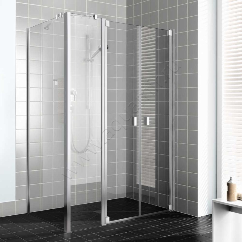 Маятниковая душевая дверь в нишу с фиксированным элементом Kermi Raya в серебристом цвете RAPFR16020VPK в интерьере