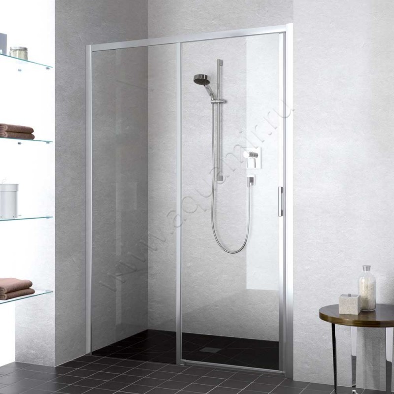 Раздвижная душевая дверь в нишу с фиксированным элементом Kermi Liga в серебристом цвете LID2L12318VAK в интерьере