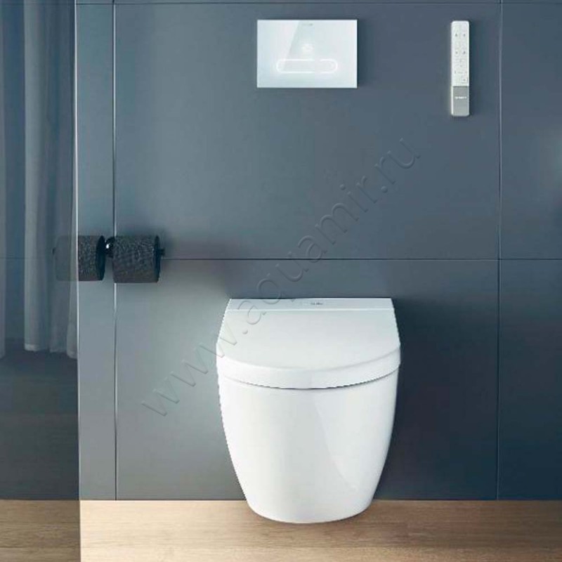Крышка с функцией биде для унитаза Duravit SensoWash 57,3 x 37,8 см, белый глянец/white, микролифт 612001012000310 в интерьере
