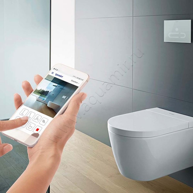 Крышка с функцией биде для унитаза Duravit SensoWash 57,3 x 37,8 см, белый глянец/white, микролифт 612001012000310 в интерьере