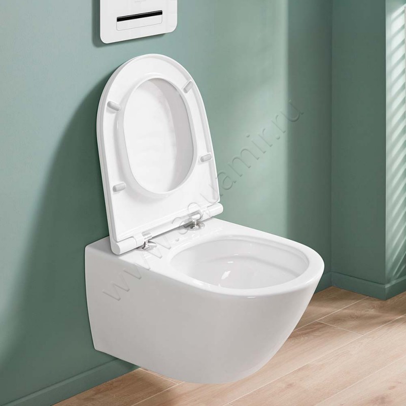 Унитаз подвесной Villeroy & Boch UNIVERSO с крышкой микролифт, 56 см, безободковый, белый 4670T9R1 в интерьере