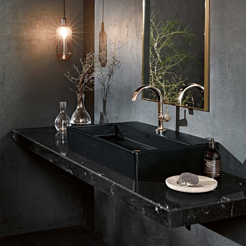 Раковина-чаша накладная с отверстием под смеситель Villeroy & Boch Memento 2.0 80 см, фарфор, черный матовый/ebony 4A228GS5 в интерьере