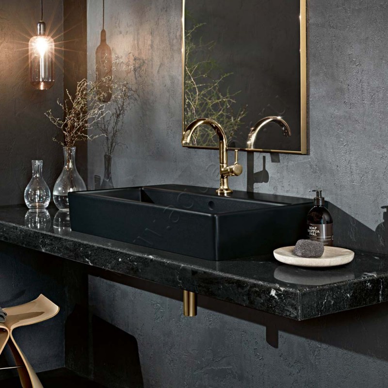 Раковина-чаша накладная с отверстием под смеситель Villeroy & Boch Memento 2.0 80 см, фарфор, черный матовый/ebony 4A228GS5 в интерьере