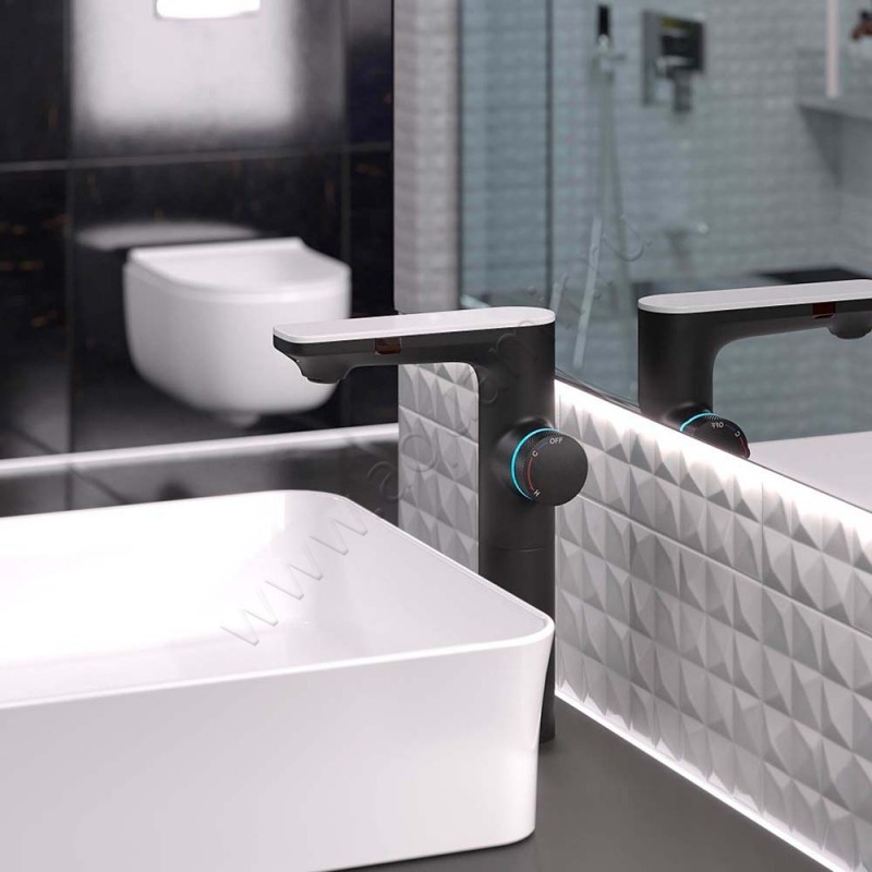 Смеситель для раковины Berges Wasserhaus Morans сенсорный/термостатический, черный матовый 076004 в интерьере