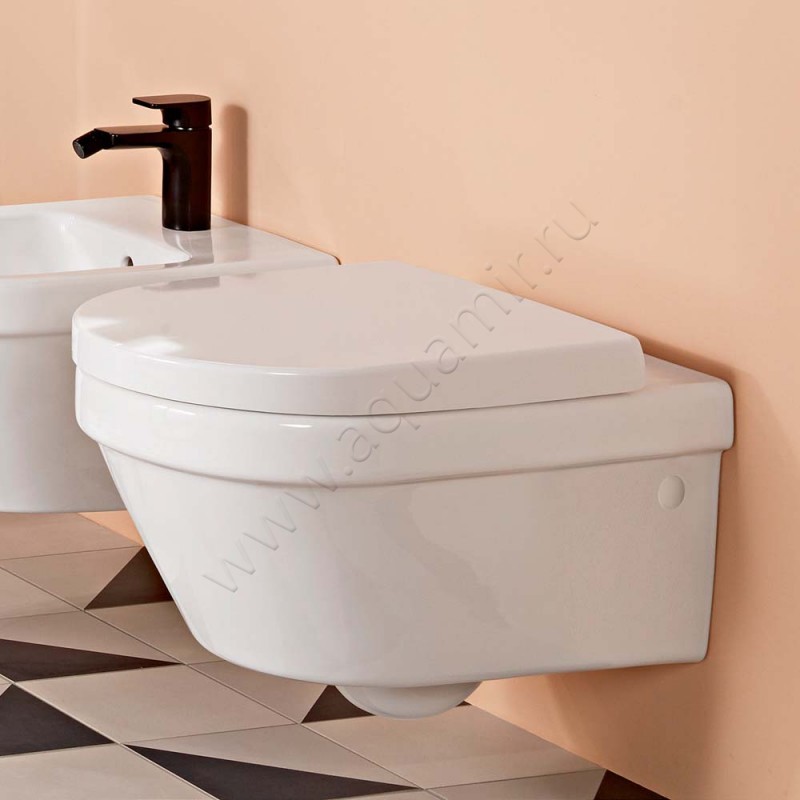 Унитаз подвесной Villeroy & Boch ARCHITECTURA с крышкой, 53 см, безободковый, белый 4694R0R198M9D101 в интерьере