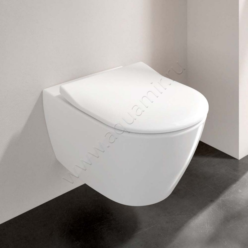 Унитаз подвесной Villeroy & Boch Subway 2.0 с крышкой микролифт, 56 см, безободковый, белый 5614R0R19M78S101 в интерьере