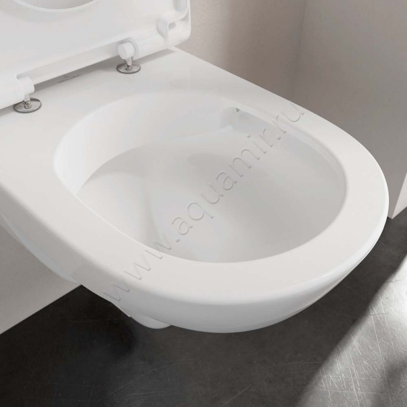 Унитаз подвесной Villeroy & Boch O.NOVO с крышкой, 49 см, безободковый, белый 5688R0R19M406101 в интерьере