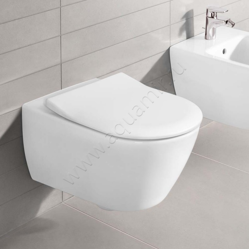 Унитаз подвесной Villeroy & Boch Subway 2.0 с крышкой, 56 см, безободковый, белый 5614R0T29M68Q101 в интерьере