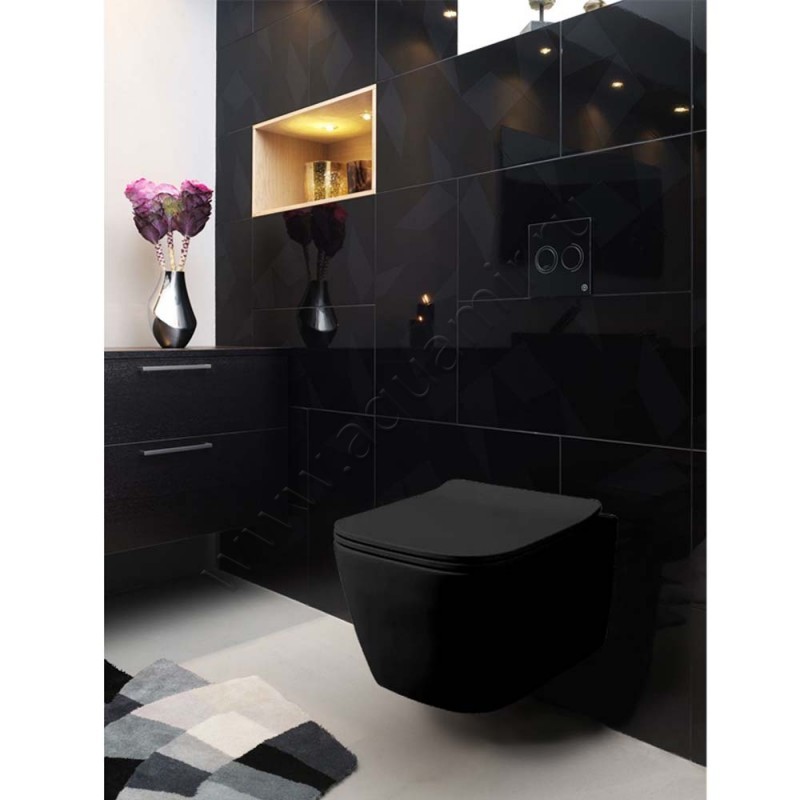 Унитаз подвесной Azario BOCA с крышкой микролифт, 52 см, безободковый, черный матовый AZ2002MB в интерьере