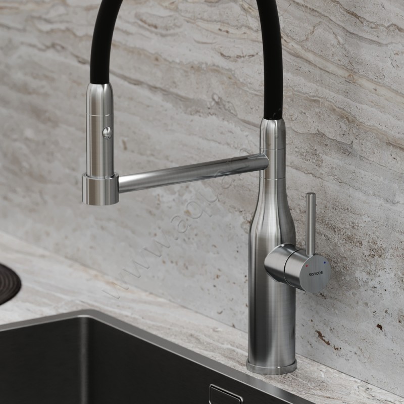 Смеситель для кухни с гибким изливом Sancos Pride с гибким изливом, сталь матовый SC4011BNG в интерьере