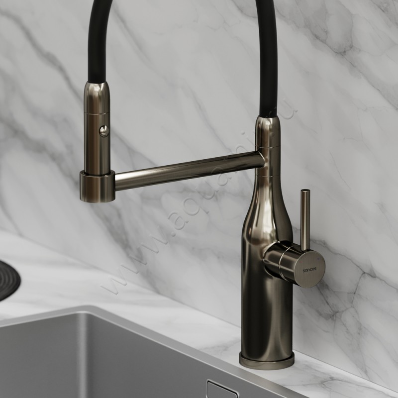 Смеситель для кухни с гибким изливом Sancos Pride с гибким изливом, сталь матовый SC4011GG в интерьере