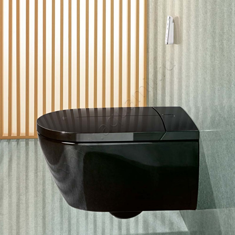 Унитаз подвесной с функцией биде Villeroy & Boch VICLEAN с крышкой микролифт, 59,5 см, безободковый, черный V0E100S0 в интерьере