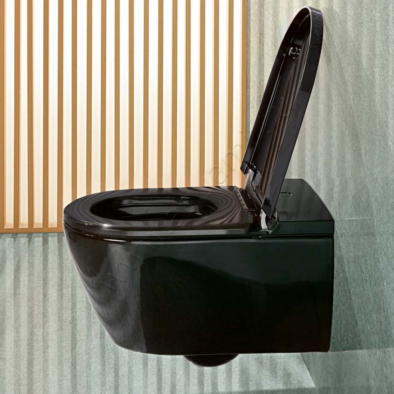 Унитаз подвесной с функцией биде Villeroy & Boch VICLEAN с крышкой микролифт, 59,5 см, безободковый, черный V0E100S0 в интерьере