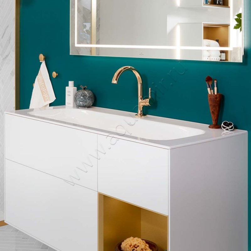 Раковина мебельная накладная без отверстий Villeroy & Boch Finion 120 см, фарфор, белый глянец/white alpin 4164C3R1 в интерьере