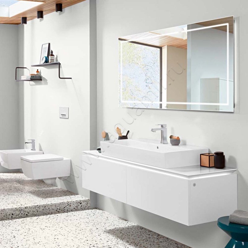 Раковина-чаша накладная с отверстием под смеситель Villeroy & Boch Memento 2.0 100 см, фарфор, белый глянец/white alpin 4A221G01 в интерьере