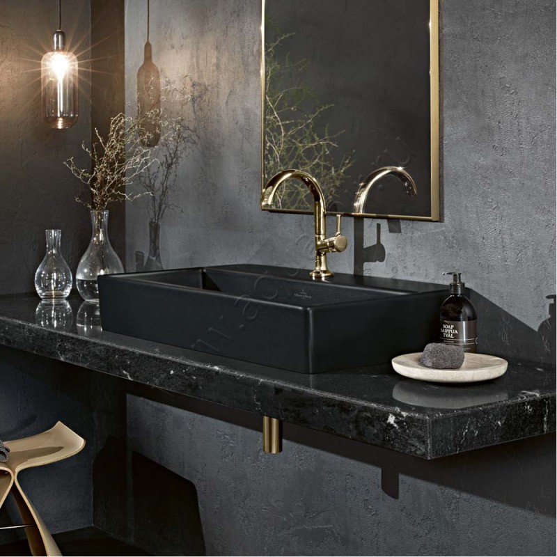 Раковина-чаша накладная с отверстием под смеситель Villeroy & Boch Memento 2.0 80 см, фарфор, черный матовый/ebony 4A228LS5 в интерьере