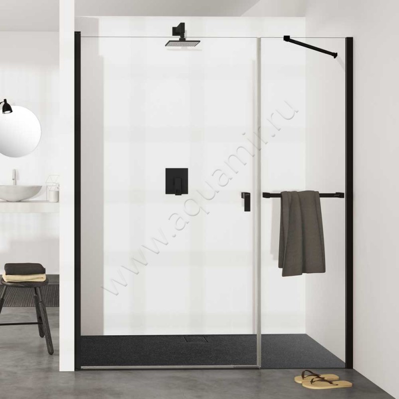 Маятниковая душевая дверь в нишу с фиксированным элементом Huppe Design pure цвет чёрный 8P7201123322 в интерьере