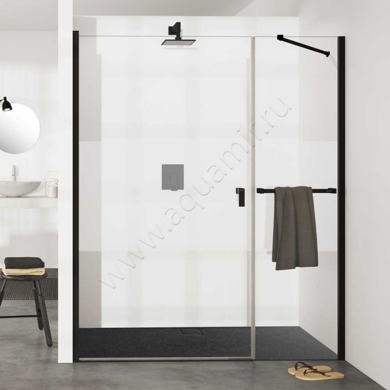 Маятниковая душевая дверь в нишу с фиксированным элементом Huppe Design pure цвет чёрный 8P7204123373 в интерьере