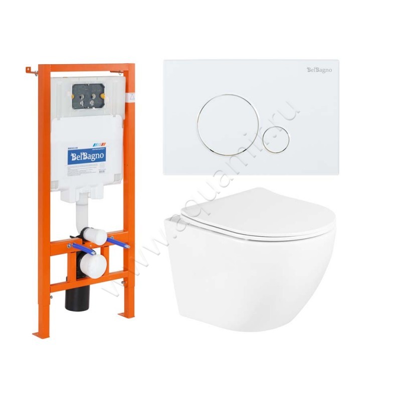Комплект унитаза с инсталляцией BelBagno UNO с крышкой микролифт, 48,2 см, белый BB3105CHR/SC + BB002-80 + BB014-SR-BIANCO