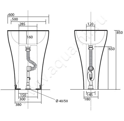 Раковина напольная без отверстий под смеситель Kerasan Aquatech 3742 01 размеры