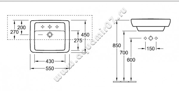 Раковина полувстраиваемая Villeroy & Boch Subway 6169 55 01 размеры