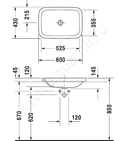 Раковина встраиваемая сверху на столешницу без отверстий Duravit DuraStyle 0372600000 размеры