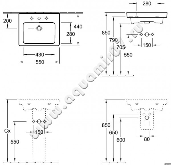 Рукомойник подвесной Villeroy & Boch Subway 2.0 71135501 размеры