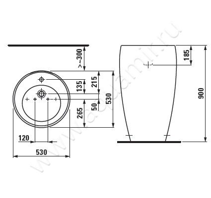 Раковина напольная с отверстием под смеситель Laufen IL BAGNO ALESSI One 8119724001041 размеры