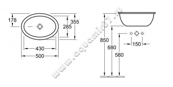 Раковина встраиваемая сверху на столешницу без отверстий Villeroy & Boch Loop & Friends 61551001 размеры