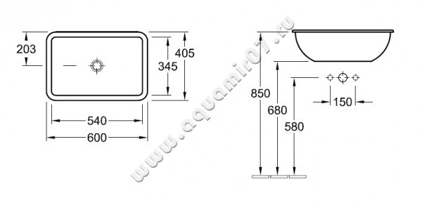 Раковина встраиваемая сверху на столешницу без отверстий Villeroy & Boch Loop & Friends 61450001 размеры
