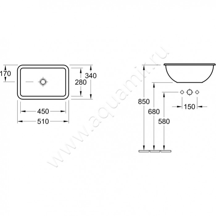 Раковина встраиваемая сверху на столешницу без отверстий Villeroy & Boch Loop & Friends 61451001 размеры