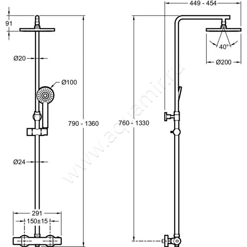Душевая стойка Jacob Delafon Marcel E25084-CP размеры