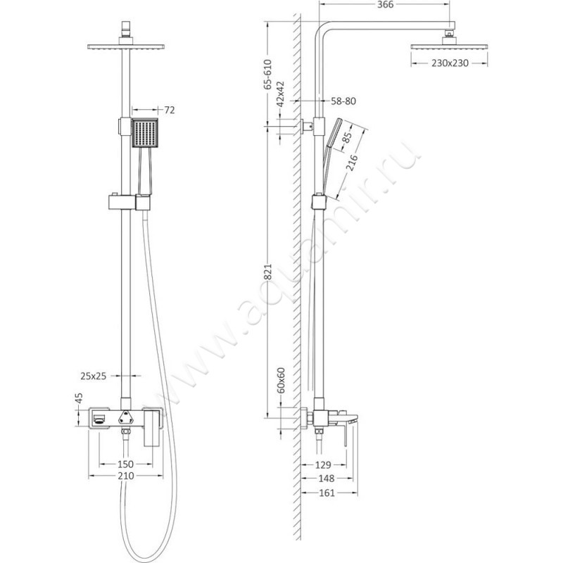 Душевая стойка Timo Selene SX-1030/03 размеры