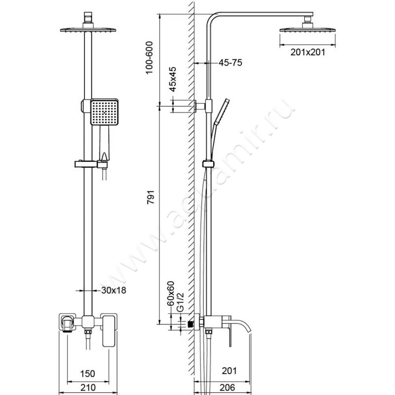 Душевая стойка Timo Selene SX-1013/03 размеры