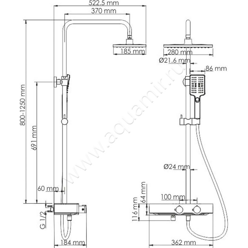 Душевая стойка Wasserkraft Thermo A11301 размеры