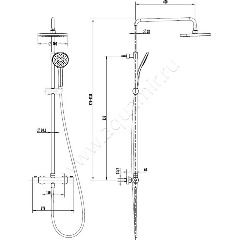 Душевая стойка Villeroy & Boch TVS00000600061 размеры