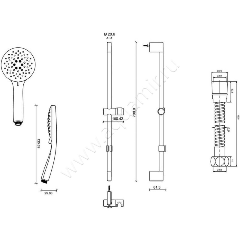 Душевой гарнитур Jacob Delafon Salute E32907-CP размеры