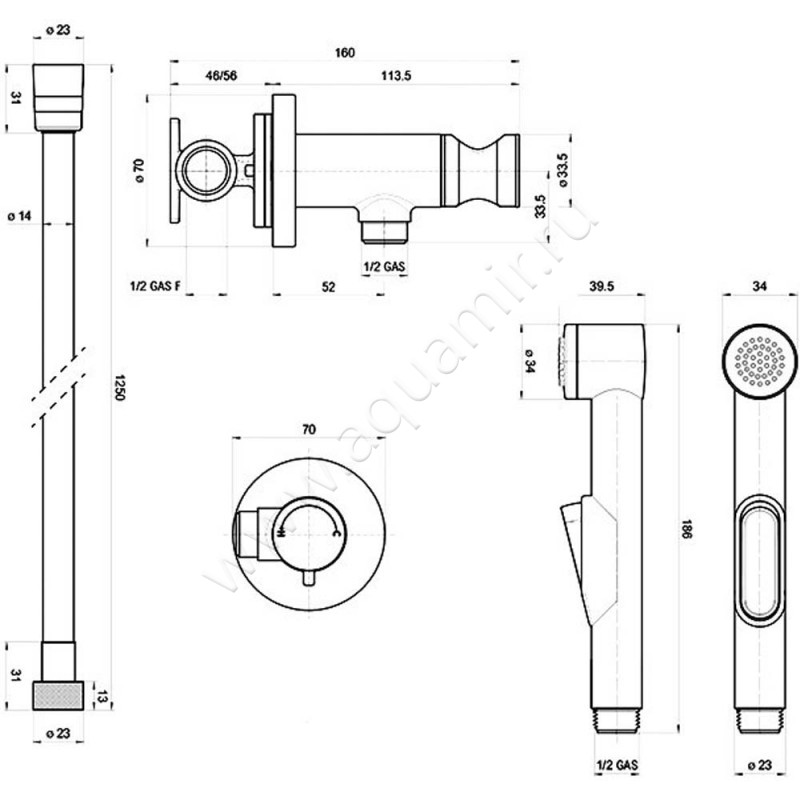 Гигиенический душ Bossini Macan E37032B.030 размеры