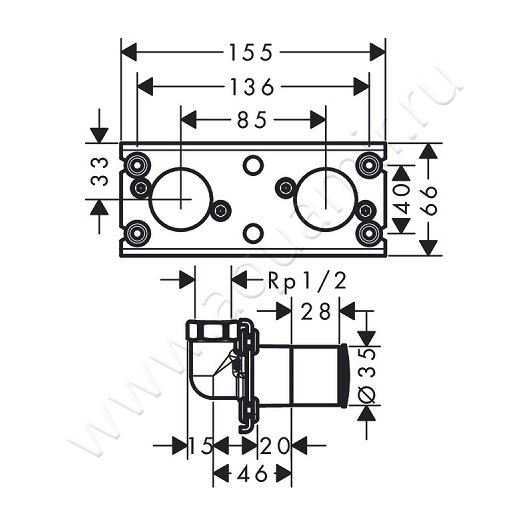 Внутрення часть Hansgrohe Rainfinity 26840180 размеры