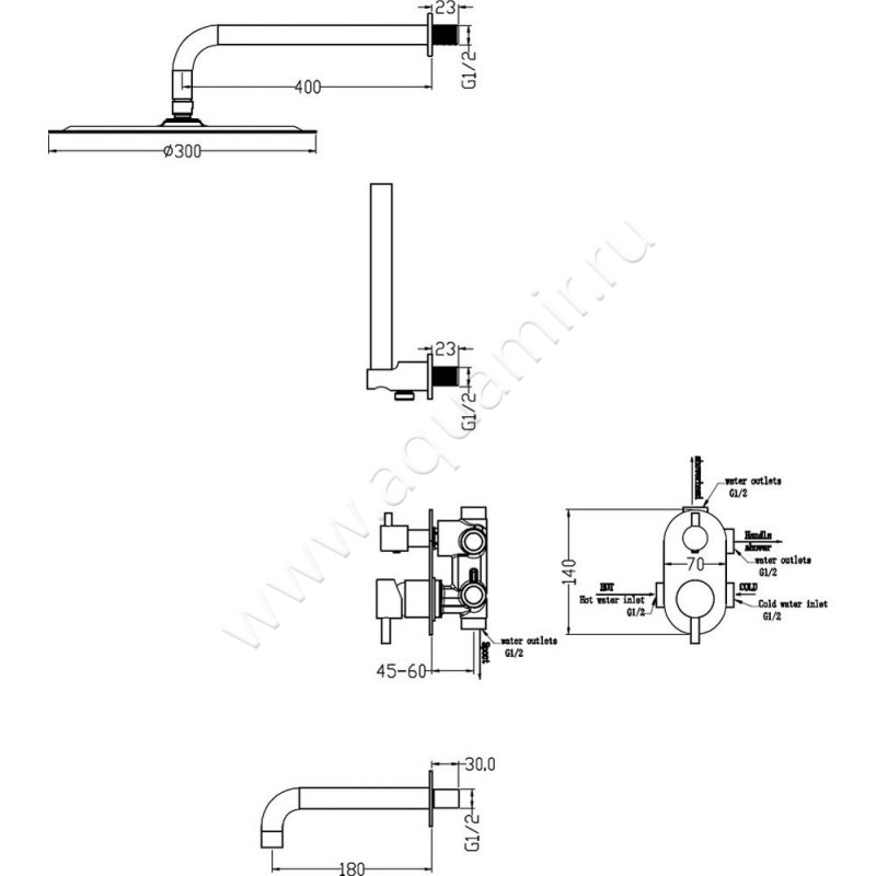 Душевой комплект Boheme Uno 464-2-MW размеры