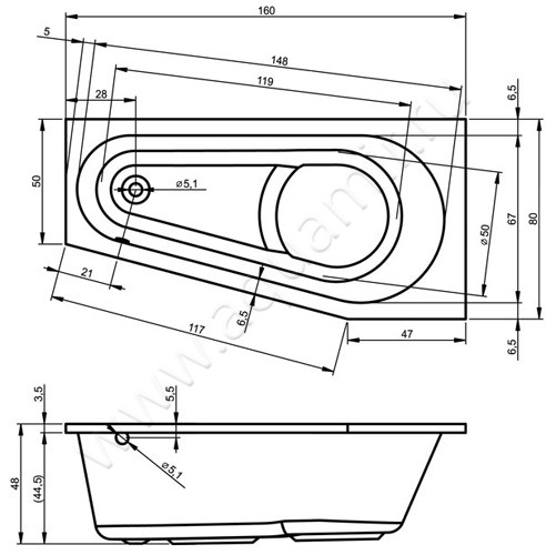 Ванна акриловая Riho Delta B068001005 размеры