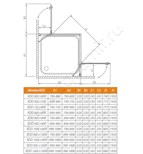 Душевой уголок с поворотными дверями Radaway Almatea KDD 32152-01-01N размеры