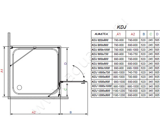 Душевой уголок с поворотной дверью и фиксированной боковиной Radaway Almatea KDJ 32150-01-01NL размеры